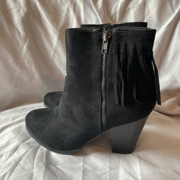 Just Fab Black Suede Fringe Ankle Boots SZ 10 Heeled Booties Cowgirl Western - Picture 1 of 9